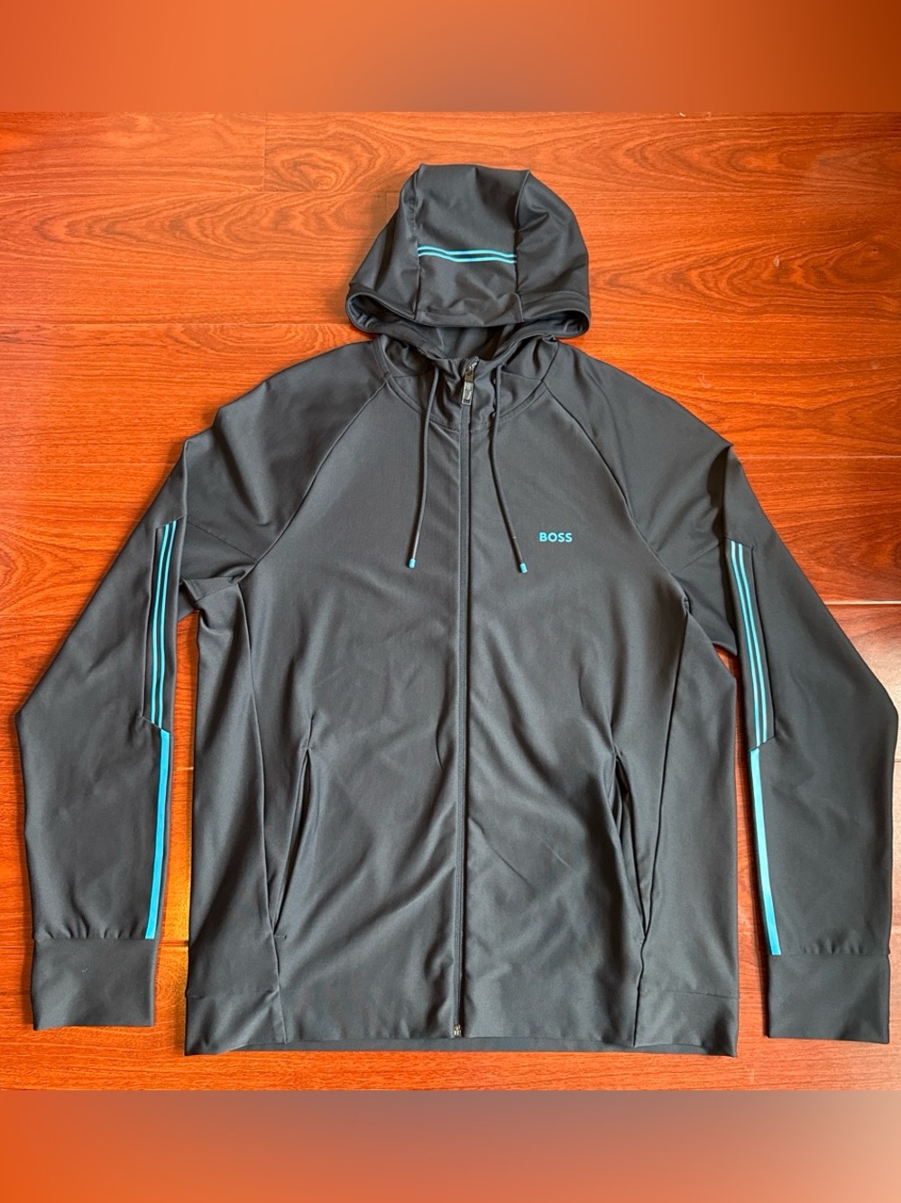 BOSS Black Performance Zip Hoodie with Turquoise Stripe Accents